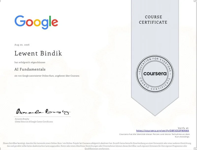 Coursera-Zertifikat: Google AI Fundamentals, ausgestellt auf Lewent Bindik