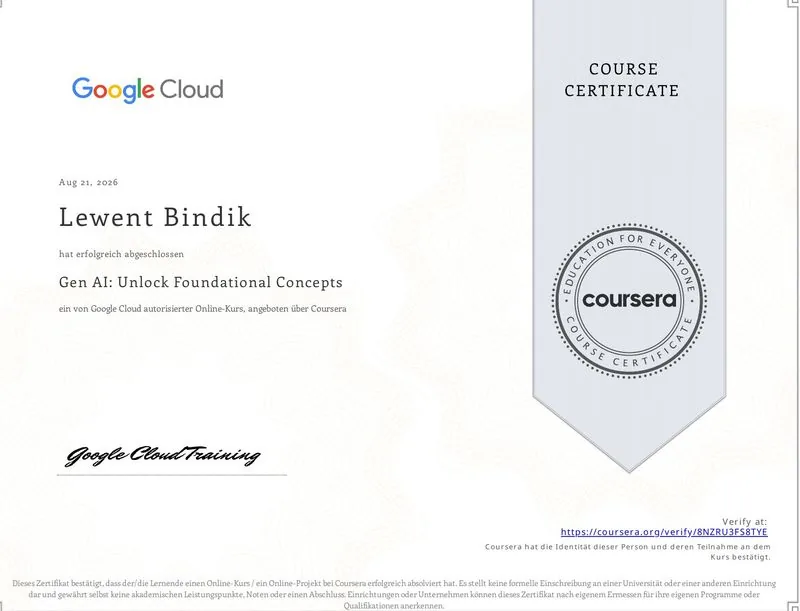 Coursera-Zertifikat: Gen AI - Unlock Foundational Concepts, ausgestellt auf Lewent Bindik