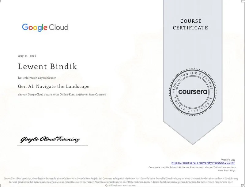 Coursera-Zertifikat: Gen AI - Navigate the Landscape, ausgestellt auf Lewent Bindik