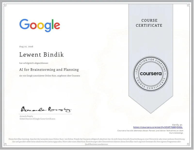 Coursera-Zertifikat: AI for Brainstorming and Planning, ausgestellt auf Lewent Bindik